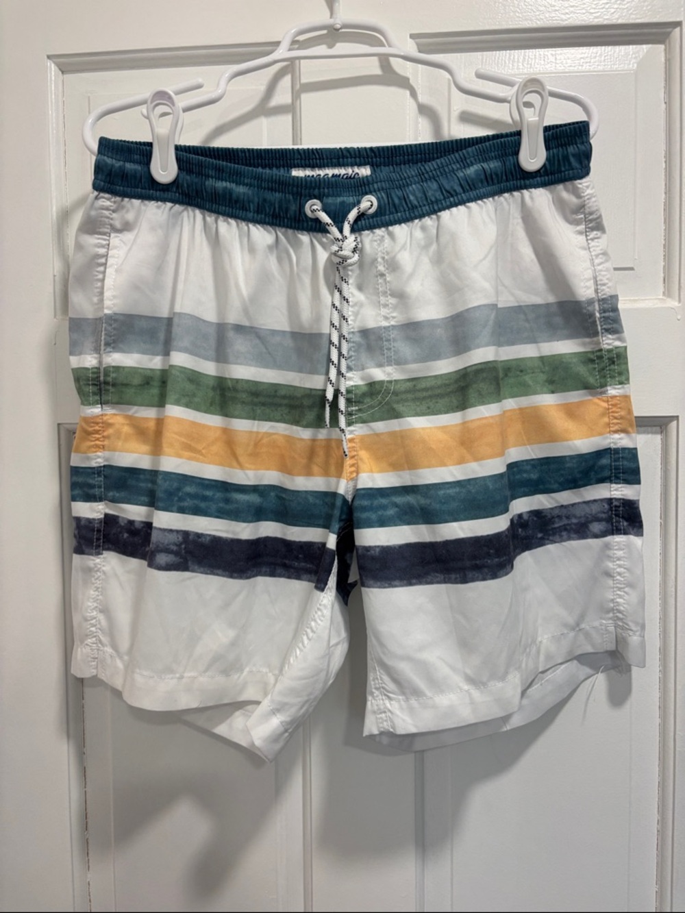 White Men's Stripe Swim Board Shorts with Green, Blue & Yellow Accents